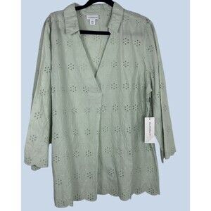 Liz Claiborne Eyelet Tunic Top V-Neck Collared Sage Green NEW with Tags SZ XXL